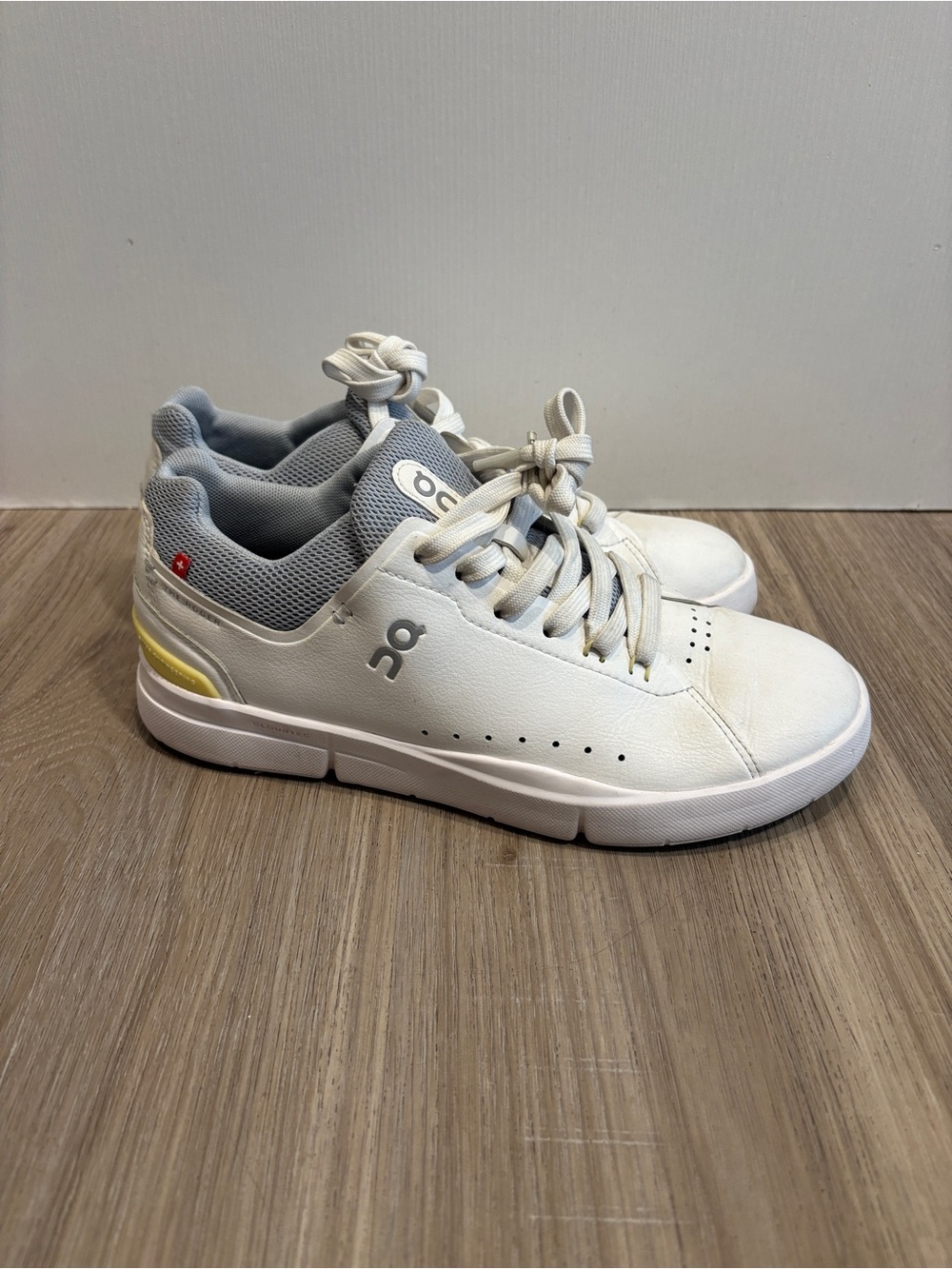 On Running Kids White and Light Gray Sneakers with Yellow Accent